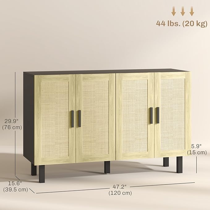 HOMCOM Boho Sideboard Buffet Cabinet, Coffee Bar Cabinet with 4 Rattan Doors and Adjustable Shelves for Kitchen, Living Room, Black and Natural