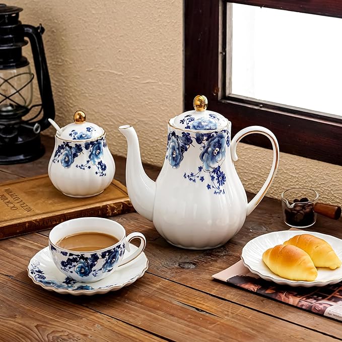 Tea Pot, Porcelain Teapot 37oz,tea pots for tea party,Tea Infuser Pots for Blooming loose Leaf Tea (White with blue flower)