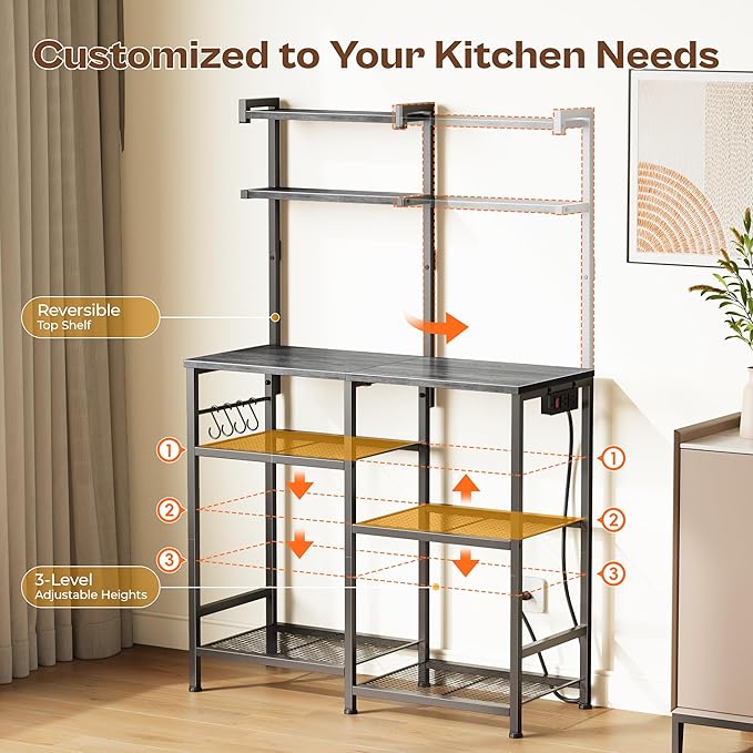 Huuger 31.5 Inch Bakers Rack with Power Outlets, Kitchen Microwave Stand with Storage, Coffee Bar with 4 Hooks, 3-Level Height Open Shelves, Grey
