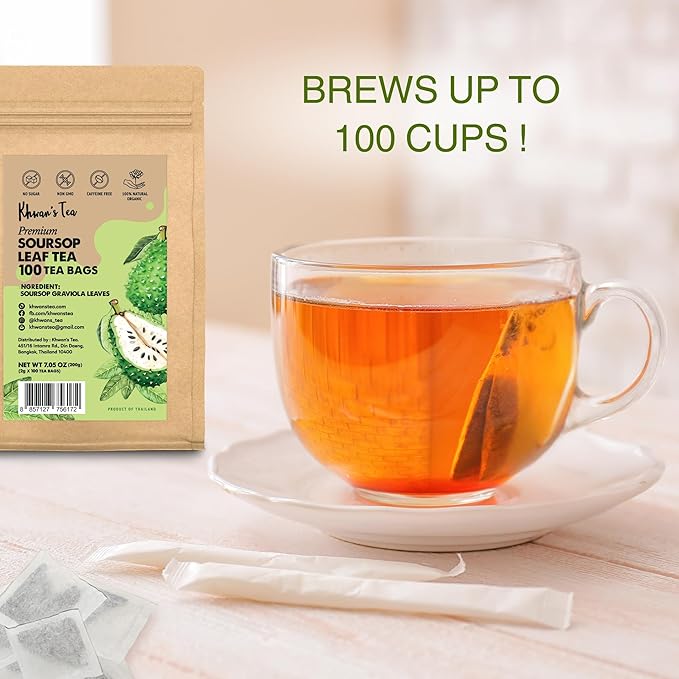 KHWAN’S TEA Premium Soursop Tea Bags, Pure Graviola Leaves, Handpicked Guanabana Leaf Herbal Tea, Caffeine-Free, No Sugar, Gluten-Free, Flavorful & Nutrient-Rich, Soursop Leaves Tea (2g/bag)