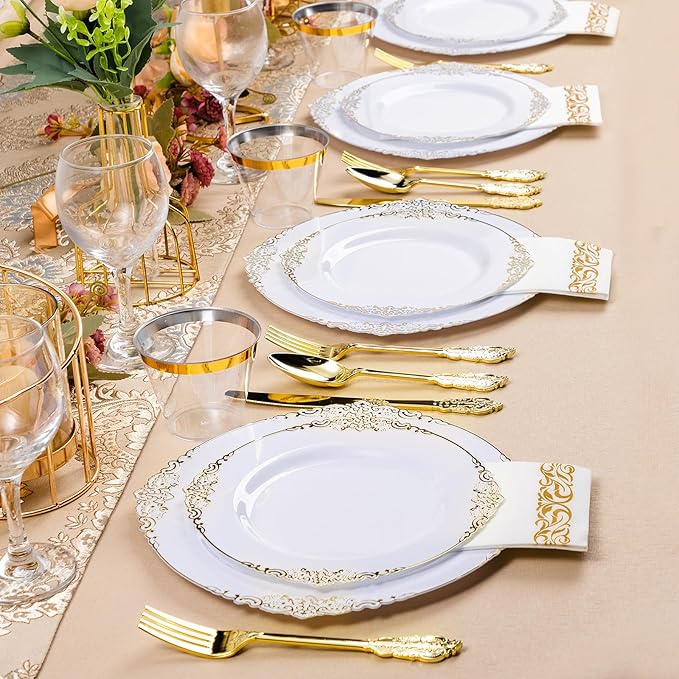 350PCS White and Gold Plastic Plates for 50 Guests, Disposable Dinnerware Set Includes 100 Disposable Plates, 150 Gold Silverware, 50 Cups, 50 Napkins for Party, Wedding