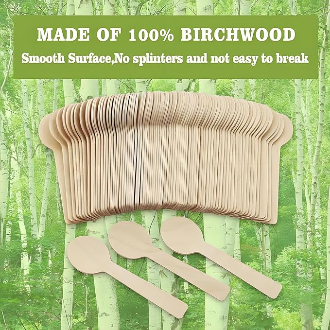 200 Packs Natural 4 Inch Mini Spoons Disposable Birch Utensils for Bakeries, Tasting Samples, Party Events, with Smooth, Splinter-Free & Sturdy, Compatible with Dessert, Gelato and Yogurt