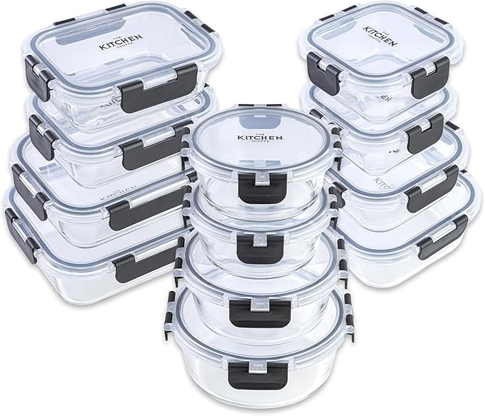 KITCHEN SHOPPE 24pc Borosilicate Glass Storage Containers with Airtight Lids | Heavy Duty, Non-Toxic Food Storage Containers for Pantry, Meal Prep, Lunch or Leftovers | Freezer/Oven/Microwave Safe