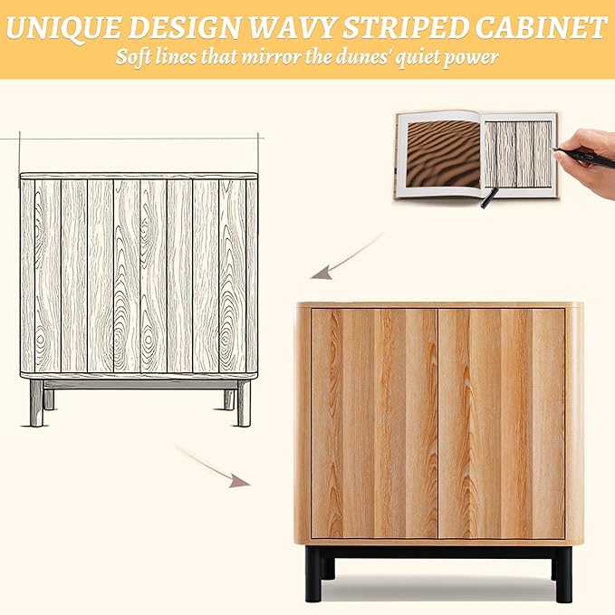 Wave Fluted Buffet Cabinet,30'' Tall Sideboard Storage with 2 Doors & Adjustable Shelves for Dinning Room, Kitchen, Living Room,Coffee Bar (29''W-Wood)