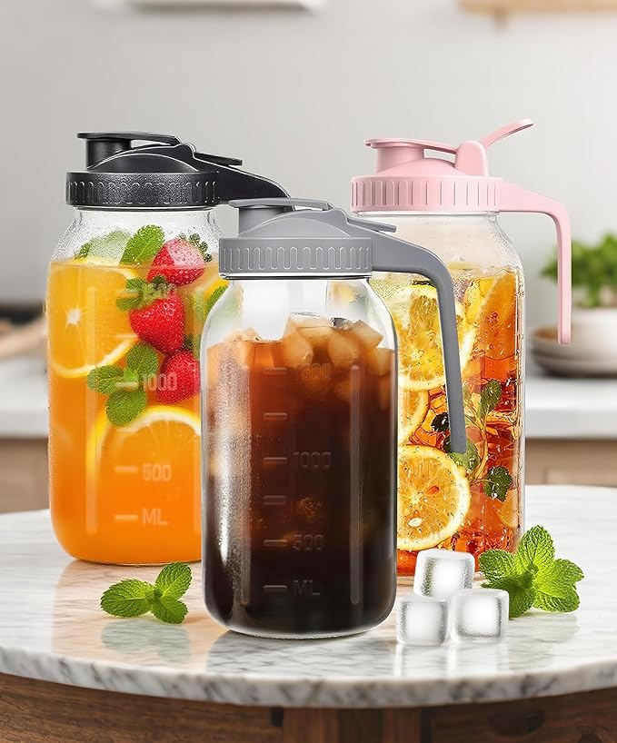 2 Quart Wide Mouth Glass Pitcher with Lid, 64oz Mason Jar Pitcher, Leak-proof Iced Tea Pitcher,Heavy Duty Container for Fridge Sweet Tea,Juice,Cold Brew Coffee,Breastmilk Storage Drinks-1PACK/Pink