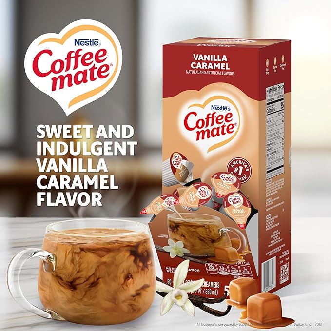 Nestle Coffee mate Coffee Creamer, Vanilla Caramel, Liquid Creamer Singles, Non Dairy, No Refrigeration, 0.375 fl oz Tubs (Pack of 200)