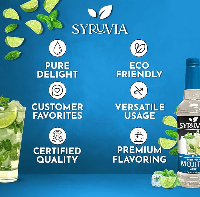 Syruvia Sugar Free Mojito Syrup, Flavored Syrup for Cocktails, Drinks, Lemonades, Iced Teas, and Desserts – 25.4 fl oz
