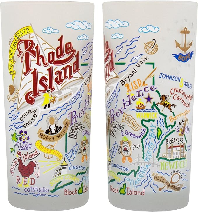 Catstudio Drinking Glass, Rhode Island Frosted Glass Cup for Kitchen, Drinking Glasses, 15oz Dishwasher Safe Tumbler for Rhode Island Lovers