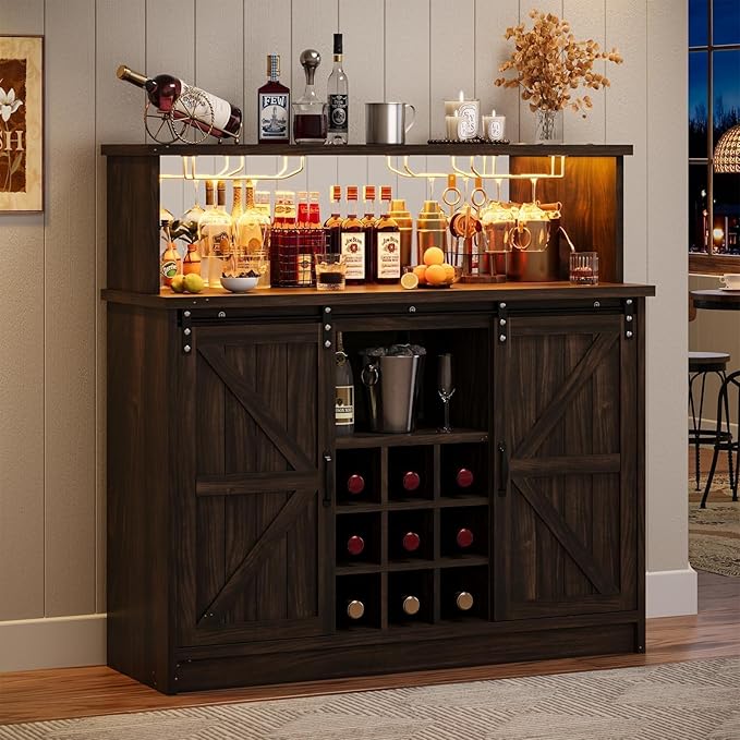 4ever2buy Farmhouse Coffee Bar Cabinet with LED Light & Mirror, 47” Buffet Cabinet with Sliding Barn Door,Coffee Bar with 4 Glass Hooks & 9 Wine Racks for Kitchen Dining Living Room, Brown