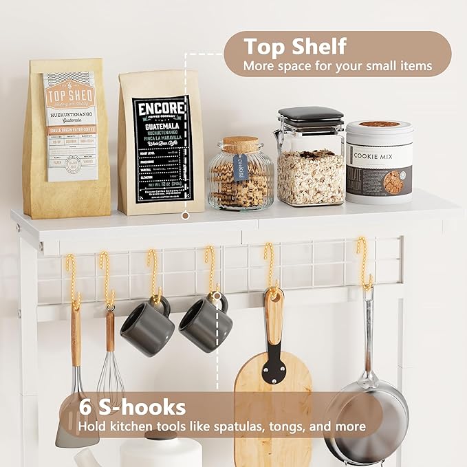 Furologee Kitchen Bakers Rack with Power Outlet, Microwave Oven Stand with Storage 4 Tiers, Coffee Bar Table with 6 S Hooks, Kitchen Storage Shelf Rack for Spices, Pots, White