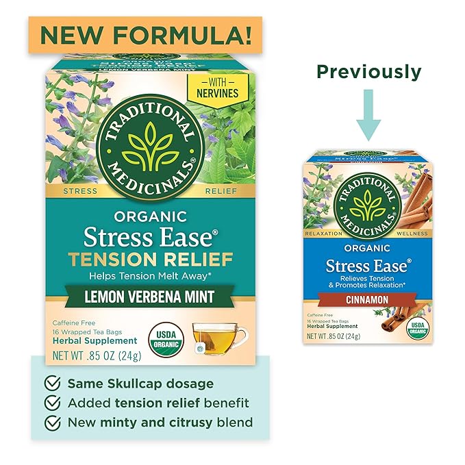 Traditional Medicinals Organic Stress Ease Tension Relief Tea, Lemon Verbena Mint, 96 Count (Pack of 6)