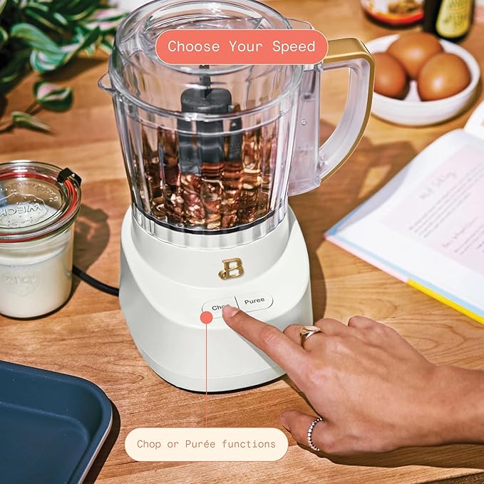 Beautiful 3-Cup Food Chopper, Electric Mini Processor with Plastic Bowl, BPA-Free, Stainless Steel Blade, Dishwasher Safe, Compact Touch Control Kitchen Appliance Powerful 250-Watt (White Icing)