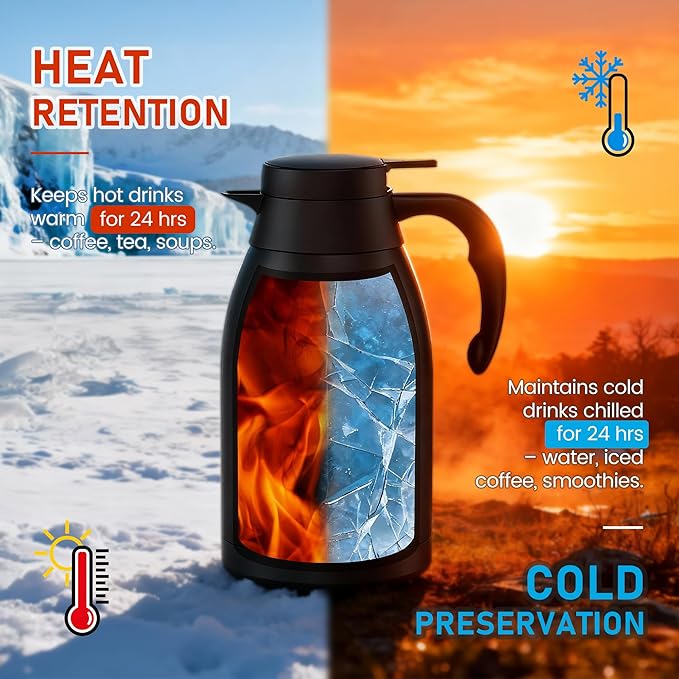 Thermal Coffee Carafe 2L/68 Oz Double-Wall Vacuum 304 Stainless Steel Insulated Thermoses Flask, 24-Hour Keeps Hot/Cold, Leak-Proof, for Travel, Work, Outdoor, BPA-Free, Easy to Clean