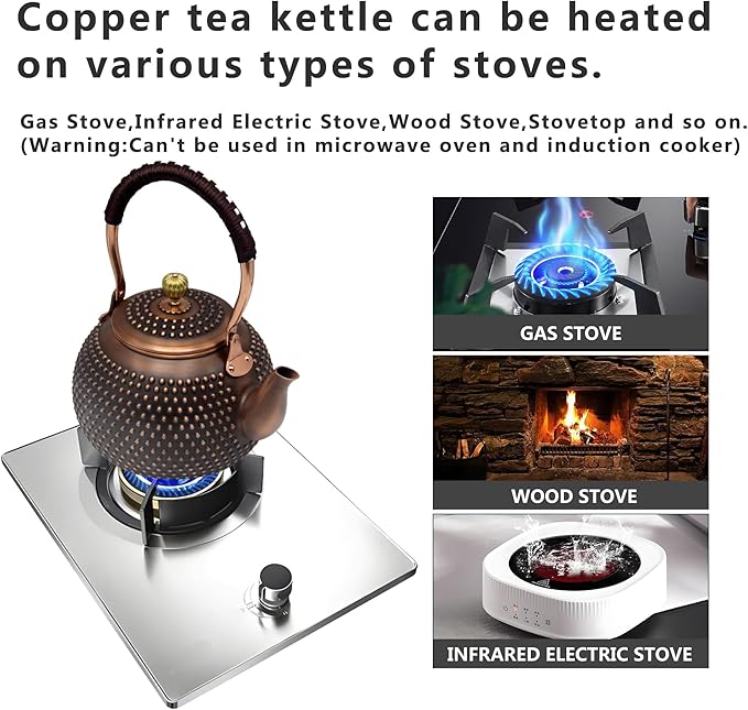 YJX 47.3oz Elegant Japanese Style Copper Tea Kettle For Stovetop Safe, Non-Coating Pure Copper Teapot with Stainless Steel Tea Ball For Loose Tea, Solid Tea Pot For 2-4 Cups (1400ml)