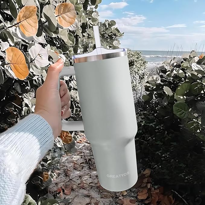 40 oz Tumbler with Handle and Straw Lid Insulated Tumblers Cups with Lids Straws Double Wall Vacuum Leak Proof Stainless Steel 40oz Tumbler Travel Mug Gifts for Men Women Him Her (Fog)