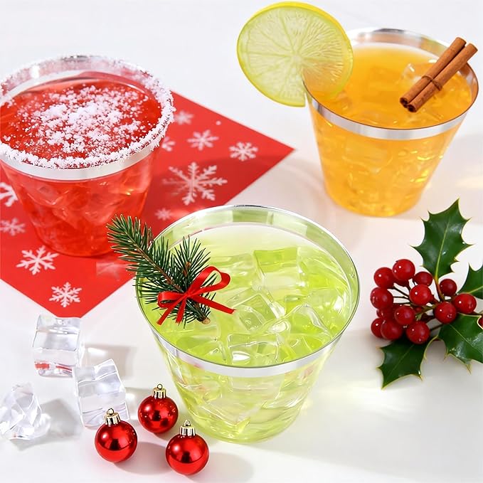WELLIFE 120PCS Silver Disposable Plastic Cups,9 oz Clear Plastic Cups,Disposable Wine Glasses for Party and Christmas