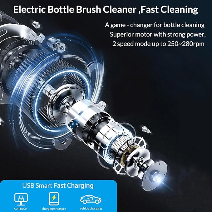 Electric Cleaning Brush with Bottle Brush & Milk Mixer, Rechargeable Electric Bottle Brush with 2 Speed Mode,Powerful Waterproof Bottle Cleaner Brush,A Must Have for Daily Life (Blue)