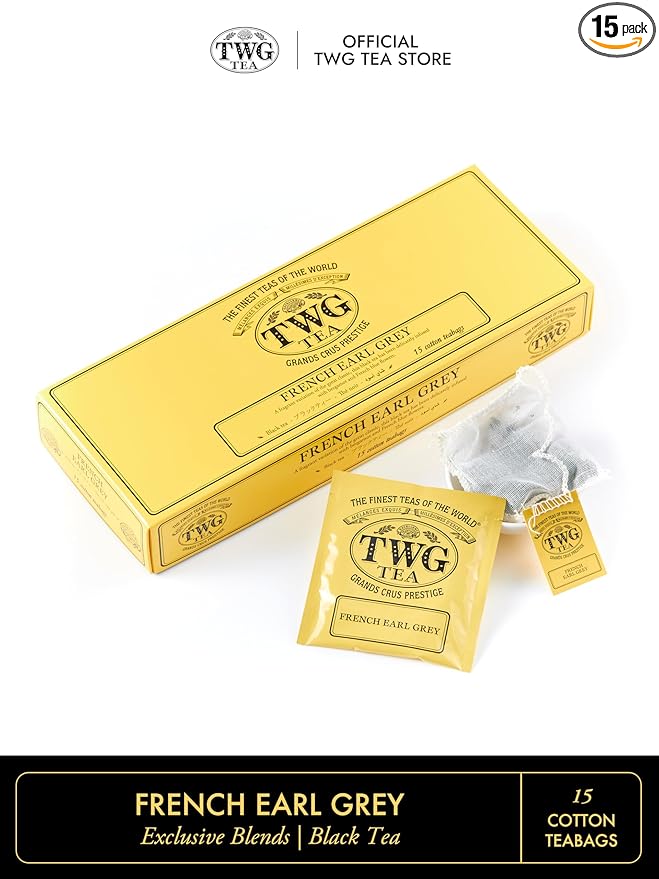 TWG Tea | French Earl Grey | Black Tea | Citrus Fruits & Blue Cornflowers | 15 Hand Sewn Cotton Tea Bags | Gift Set