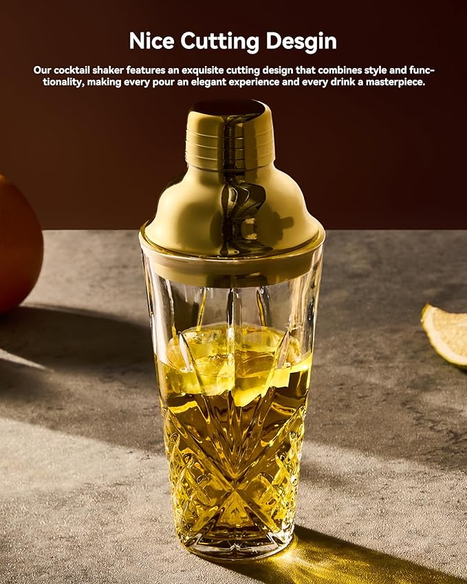 Gold Christmas & New Year Holiday Glass Cocktail&Martini Shaker-15oz, Cutting,Crafting Desgin-Exquisite for Elevated Mixology,Barware, Tableware, Kitchware, House,Espresso Funny Drink Shaker Tool.