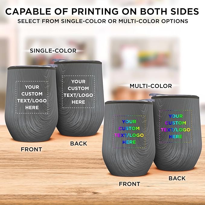 Custom Palmera Stemless Wine Tumblers with Lids 12 oz. Set of 12, Personalized Bulk Pack - Perfect for Wine, Cocktails, Other Hot & Cold Beverages - Rustic Grey