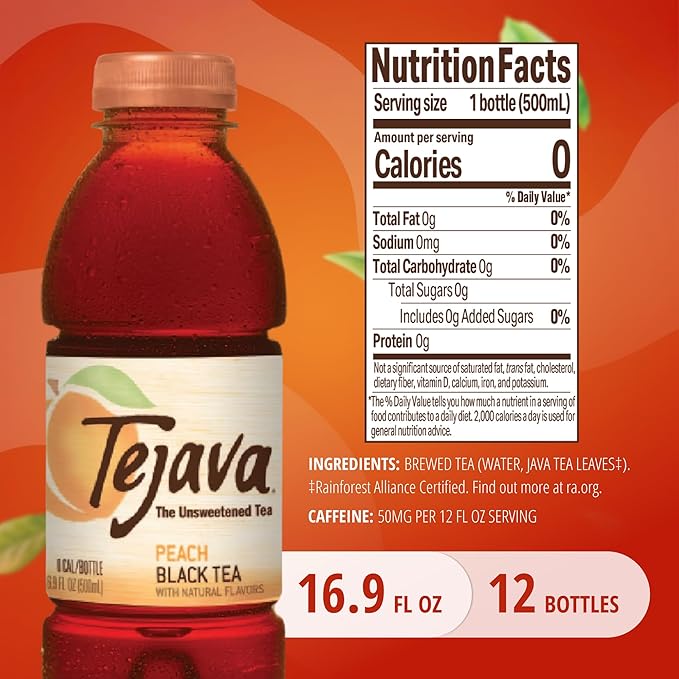 Tejava Unsweetened Peach Iced Tea, 16.9 Ounce PET Bottles, Natural, Non-GMO-Verified, Rainforest Alliance-Certified (12 Pack)