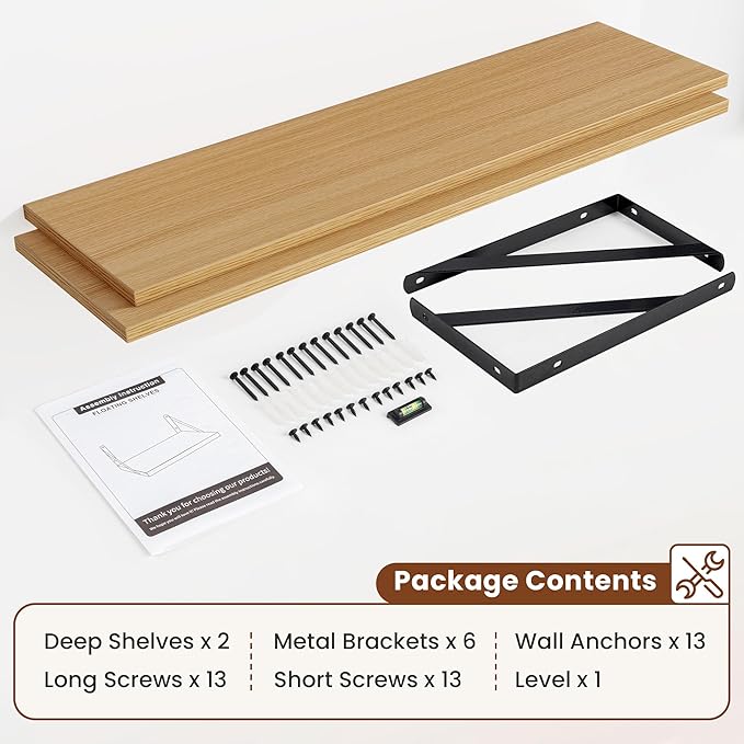 Deep Wall Shelves 55"W x 12"D Engineered Wood Floating Shelves for Wall, Sturdy Metal Bracket Bookshelves Home Decor Storage for Living Room Bedroom Bathroom Kitchen, Set of 2, Oak Finish