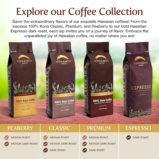 KONA EARTH 100% Kona Coffee, Classic Medium Roast, Whole Bean (8oz) Farm-Direct, Authentic Hawaiian Kona Coffee beans from Hawaii’s Big Island, Micro-Batch-Roasted
