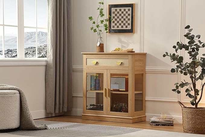 31.5'' Small Buffet Cabinet with Glass Doors,Small Coffee Bar Cabinet with Storage,Modern Sideboard with Adjustable Shelf and a Drawer,for Kitchen,Natural