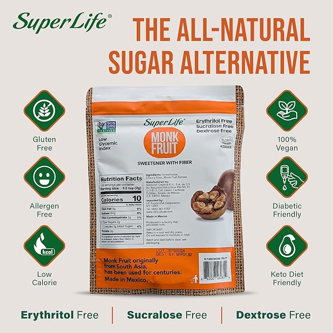 Super Life Monk Fruit Sweetener with Fiber – Low-Glycemic Index, Diabetic-Safe & Erythritol-Free Sugar Alternative for Baking, Beverages & Caramelizing | Non-GMO, Low-Calorie, Keto & Low GI Food – 7oz / 200g