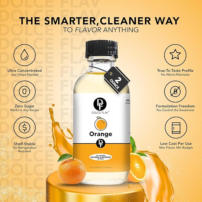 Dolce Flav Natural Orange Extract – 8 Ounce Oil-Soluble Kosher, Sugar-Free, Concentrated Orange Flavor for Candy, Chocolates & Desserts