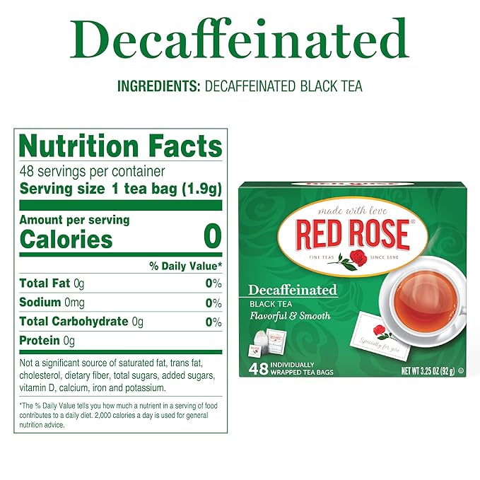 Red Rose Naturally Decaffeinated Black Tea, Smooth & Flavorful Decaf for Iced or Hot Tea in Bulk, Gluten-Free, 6 Pack of 48 Individually Wrapped Teabags