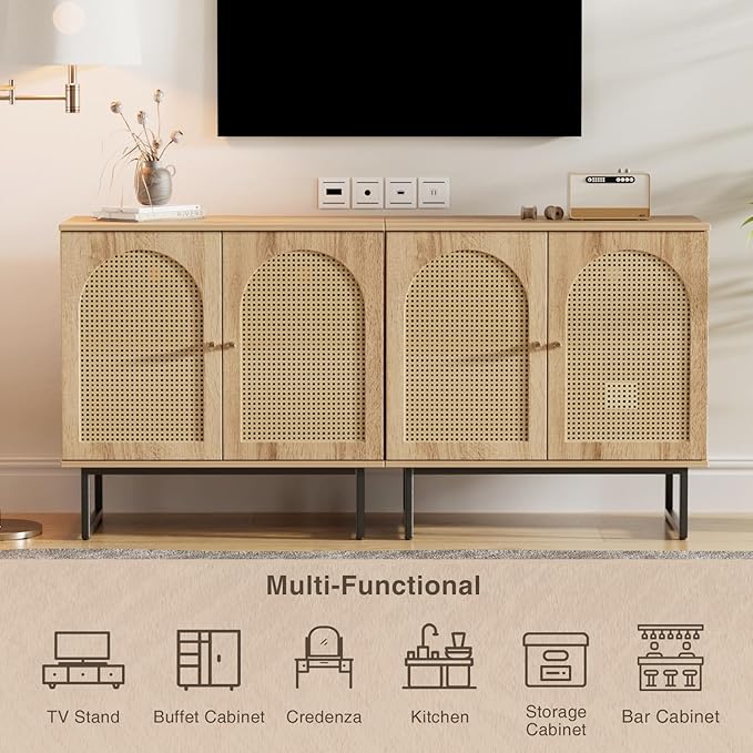 Vabches Sideboard Buffet Cabinet with Rattan Doors, 2 Doors Accent Sideboard Cabinet, Coffee Bar Cabinet with Metal Legs for Living Room, Hallway, Entryway Natural (Natural, 2 Doors)