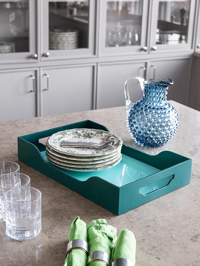 Printworks Lacquered Tray - Swell, L – Large Decorative MDF Piece with Handles for Coffee Table, Ottoman, or Vanity Display, 17.13" x 11.22" (Turquoise/Green)
