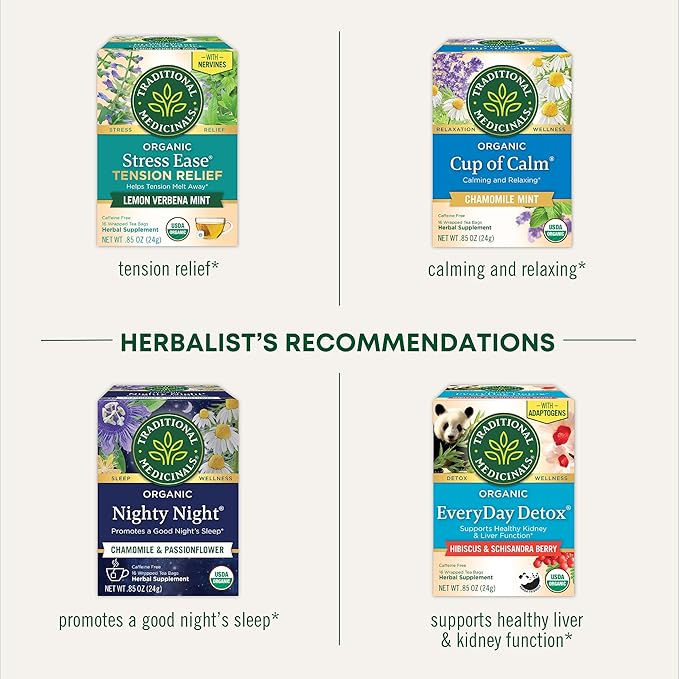 Traditional Medicinals Organic, Stress Ease Calm with Adaptogens, Ashwagandha & Honeybush - Promotes Relaxation - Kosher, Non-GMO, Caffeine-Free, Compostable - 96 Tea Bags (6 Packs of 16)