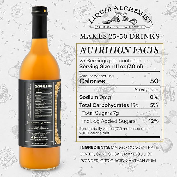 Liquid Alchemist Mango Syrup for Drinks - Real Ingredients Make our Mango Puree for Cocktails the Perfect Margarita Mix - Our Tropical Cocktail Syrup are Small Batch, Non-GMO & Vegan (25.4 oz)