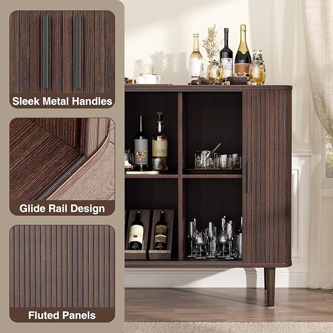 35" Fluted Accent Buffet Cabinet, Walnut Small Storage Sideboard with Sliding Door, Mid Century Modern Credenza with Solid Wood Leg, Wine Coffee Bar Console Table for Kitchen, Entryway, Living