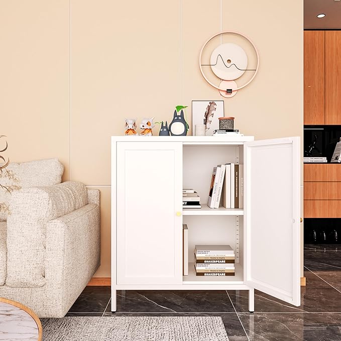 Small 2 Transparent Door Metal Storage Side Buffet Cabinet for Bed Room,Living Room,Entryway,Hallway,Home,Hotel,Office,Garage,Kitchen,1 Removable Shelf. (Square Door, White)