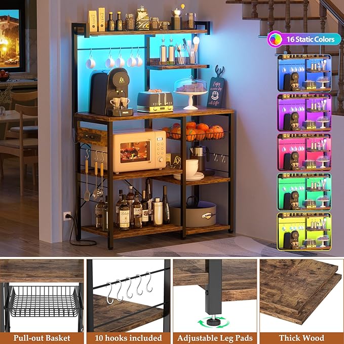 Aheaplus Bakers Rack with Power Outlet and LED light strings, Microwave Oven Stand Kitchen Storage Shelf with Wire Basket, Coffee Bar Station Island table with 10 hooks for Spices, Pots, Rustic Brown