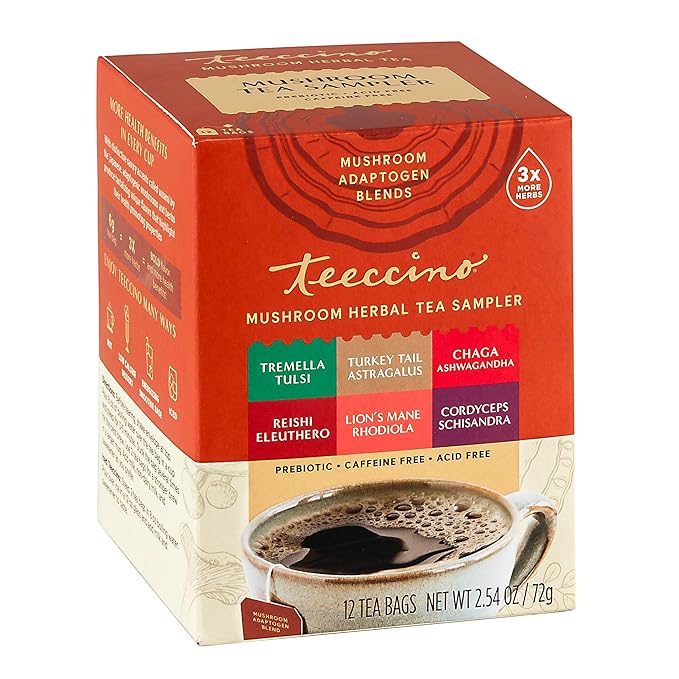 Teeccino Mushroom Herbal Tea - Mushroom Adaptogen Tea Sampler - 12 Tea Bags - Support Your Health With Mushrooms and Adaptogenic Herbs, Prebiotic, Caffeine Free, Acid Free