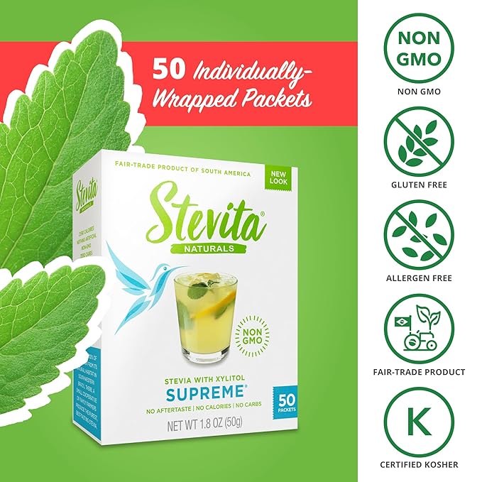 Stevita Stevia with Xylitol Supreme - 50 Packets, Pack of 4 - All-Natural Sweetener, No Calories - Non-GMO, Vegan, Kosher, Keto, Paleo, Gluten Free, Erythritol-free - 200 Total Servings