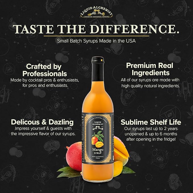 Liquid Alchemist Mango Syrup for Drinks - Real Ingredients Make our Mango Puree for Cocktails the Perfect Margarita Mix - Our Tropical Cocktail Syrup are Small Batch, Non-GMO & Vegan (25.4 oz)