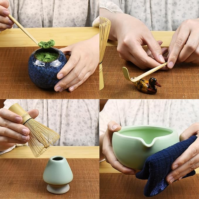 Artcome 7 Pcs Complete Matcha Ceremony Kit for Tea Ceremony, Bowl with Pouring Spout, Whisk, Tea Scoop, Matcha Powder Strainer, Matcha Tea Set For Making Usucha, Koicha and Matcha Latte (Green)