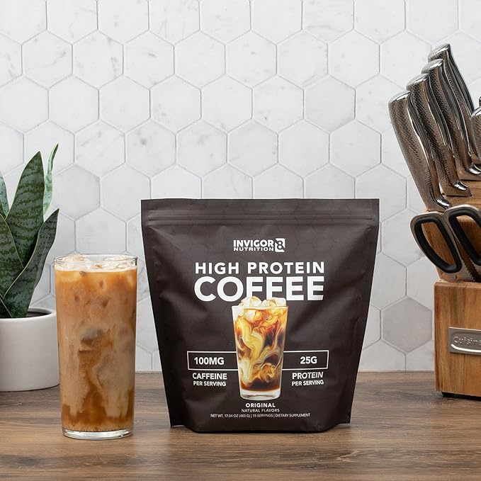 INVIGOR8 High Protein Coffee Powder 25 Grams Whey Isolate100mg Natural Green Tea Caffeine | 0 Added Sugar Keto Gluten Free 99.9% Lactose Free | Hot or Iced15 Serving 15 Servings (17 OZ, Original)