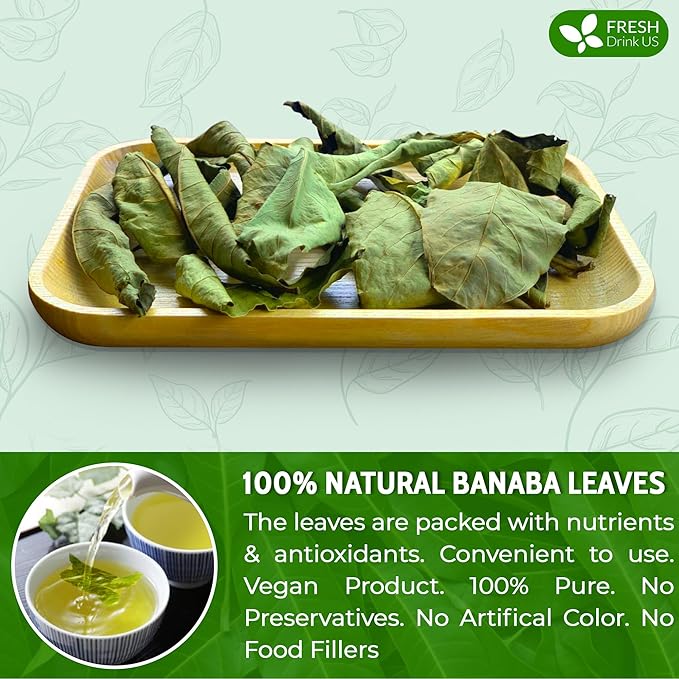 FreshDrinkUS, Premium 50+ Banaba Dried Leaves, 100% Natural & Pure from Whole Banaba Leaves, Banaba Leaf Tea, No Additives, No Caffeine, Vegan