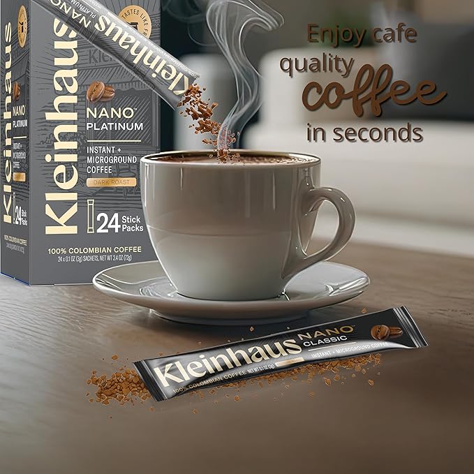 Kleinhaus Dark Roasted Nano Single-Serve Instant Coffee + Microground | 100% Colombian Arabica Coffee | Freeze dried | Fresh Brewed Taste | 6 X 24 Packets