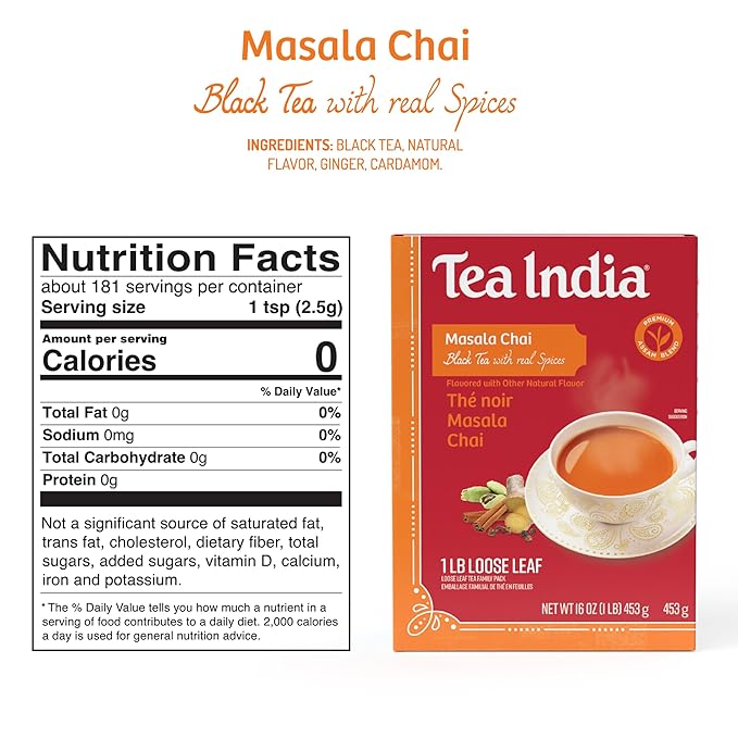 Tea India Masala Loose Leaf Chai Tea Flavorful Blend Of Black Tea & Natural Ingredients Strong Full-Bodied Traditional Indian Caffeinated Tea 1LB