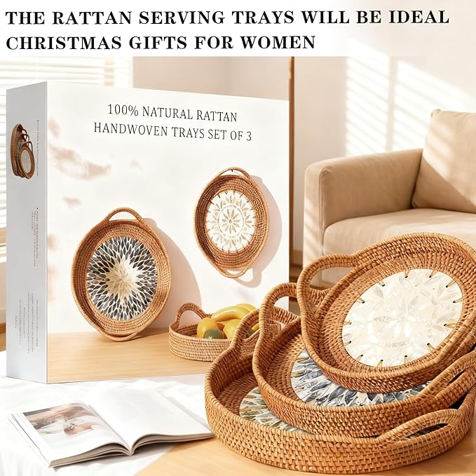 Christmas Gift Set – 3 Handwoven Rattan Trays with Natural Shell Inlay, Boho Decorative Wicker Serving & Coffee Table Trays with Handles for Home Decor, Candles, Snacks & Holiday Entertaining