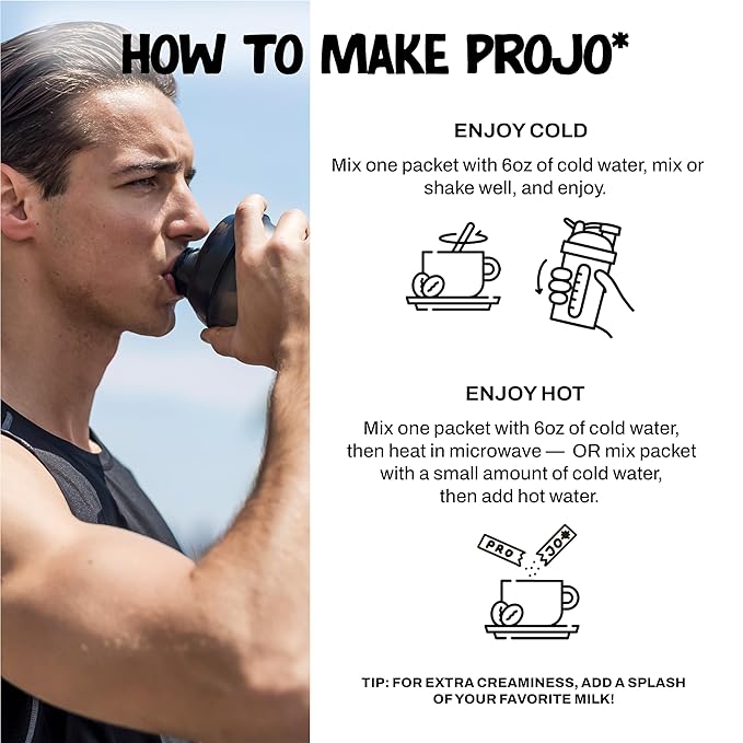 Projo* Power Coffee – Instant Coffee with 11g Protein – Grass-Fed Hydrolyzed Bovine Collagen & 175mg Caffeine – Caramel Latte Flavor – Organic – Energy Support – 12 Single-Serve Packets