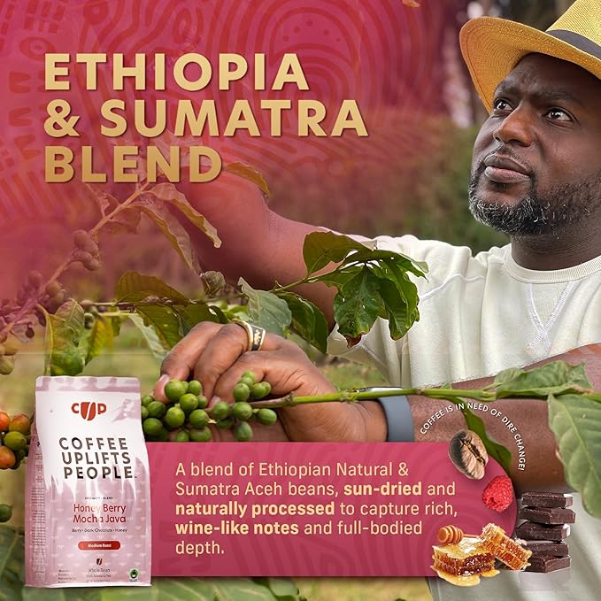 Coffee Uplifts People Honey Berry Mocha Java - Whole Bean Coffee Medium Roast - Sumatra & Ethiopian Specialty Grade Coffee Beans, 100% Arabica Coffee, Fair Trade - Berry, Chocolate & Honey Notes -12oz