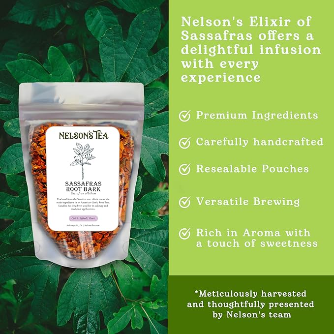Nelson’s Tea - Sassafras Root Bark Cut & Sifted - Caffeine Free - Classic Root Beer Herbal Blend Tea, Premium Sassafras Albidum Aroma for Brewing, Mixing & Wellness, Freshly Packed Resealable Bag -1oz